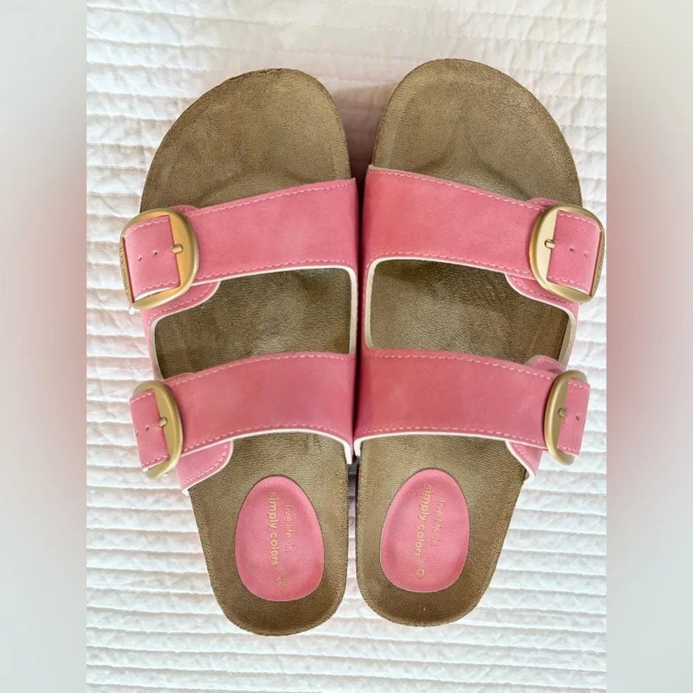 PRELOVED barely worn Simply Southern SZ 9 Pink Double-Buckle Slide Sandals - Picture 1 of 6